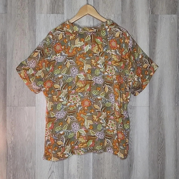 Hawaiian‎ Palm Colorful Floral Short Sleeve Collared Casual Button Up Women 2XL - Picture 2 of 7